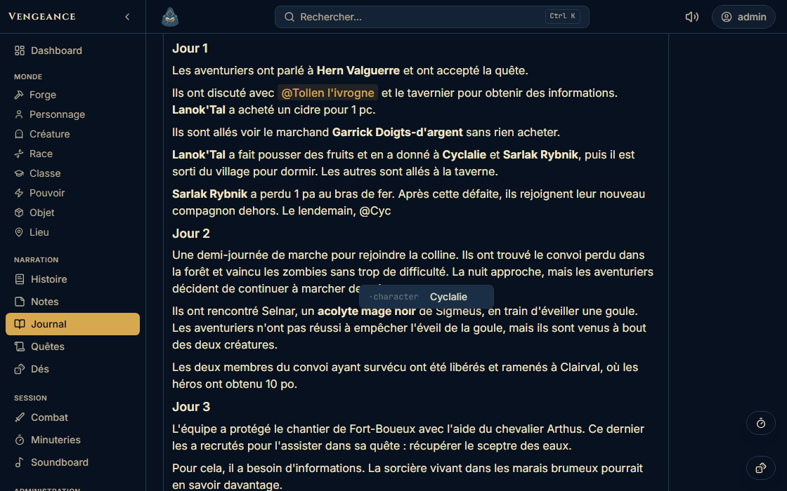 Éditeur de journal : le nom d'un personnage apparaît en puce cliquable au milieu du texte, et une liste de suggestions s'ouvre pendant la frappe d'une mention.